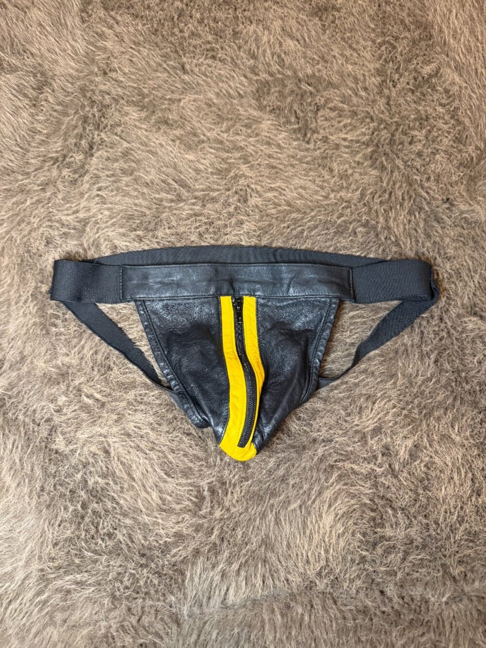 Vintage Men's Black Yellow Leather Zipper Front Jockstrap Batman Costume